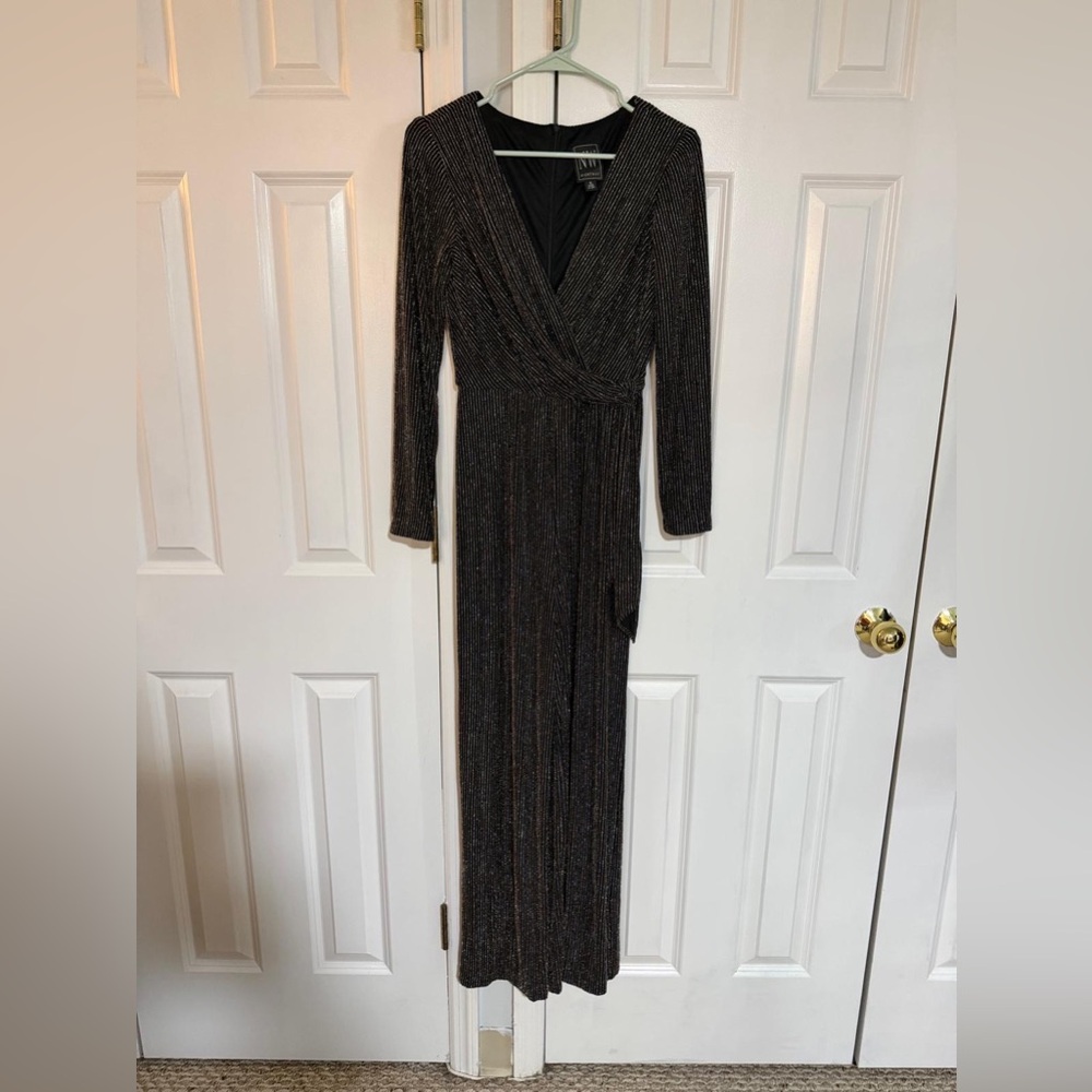 Long Sleeve Black Metallic Wrap Jump Suit